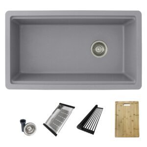 STYLISH 32 inch Gray Composite Granite Kitchen Sink with Built in Accessories