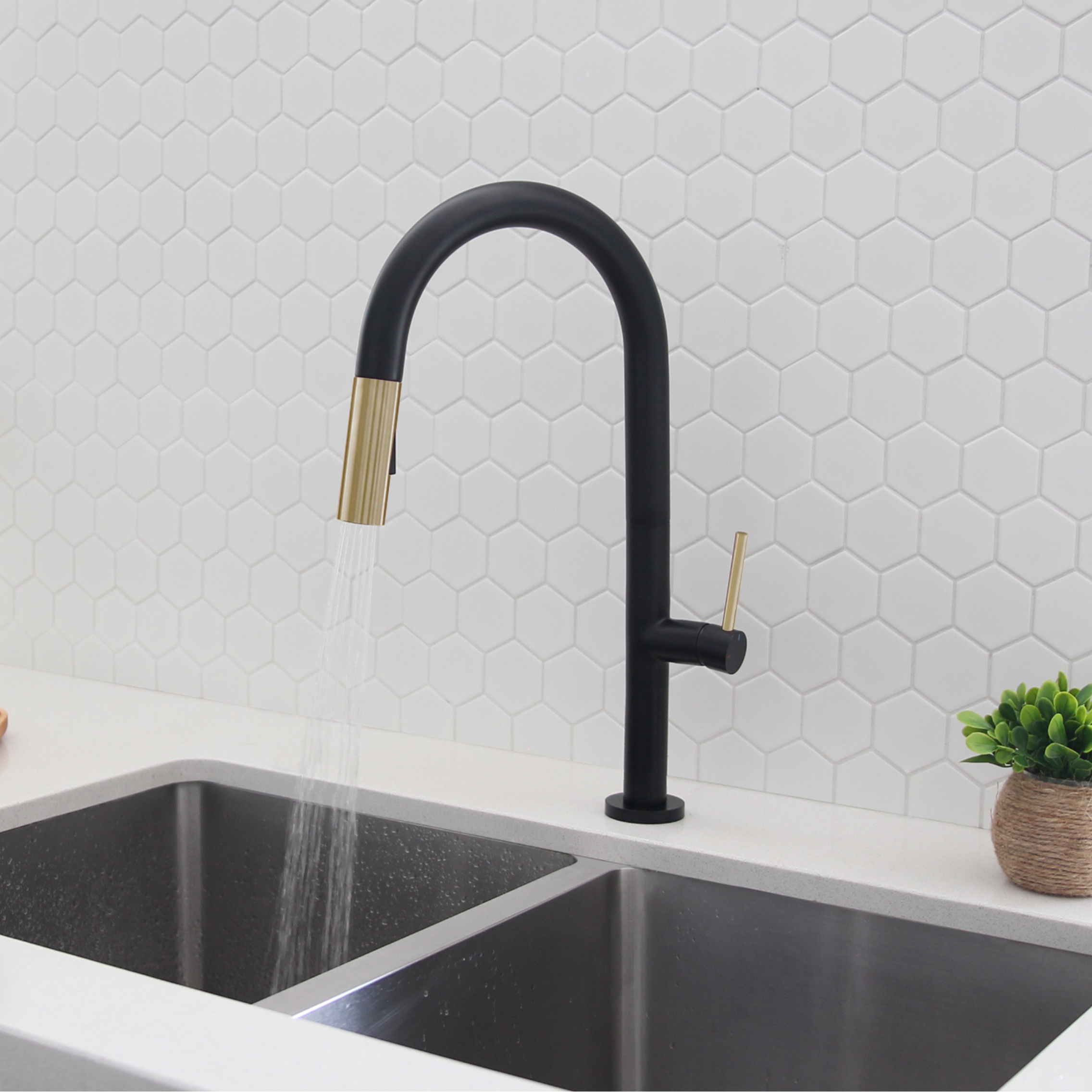 STYLISH Kitchen Sink Faucet  Lead Free Matte Black with Rose Gold Head and Handle Finish