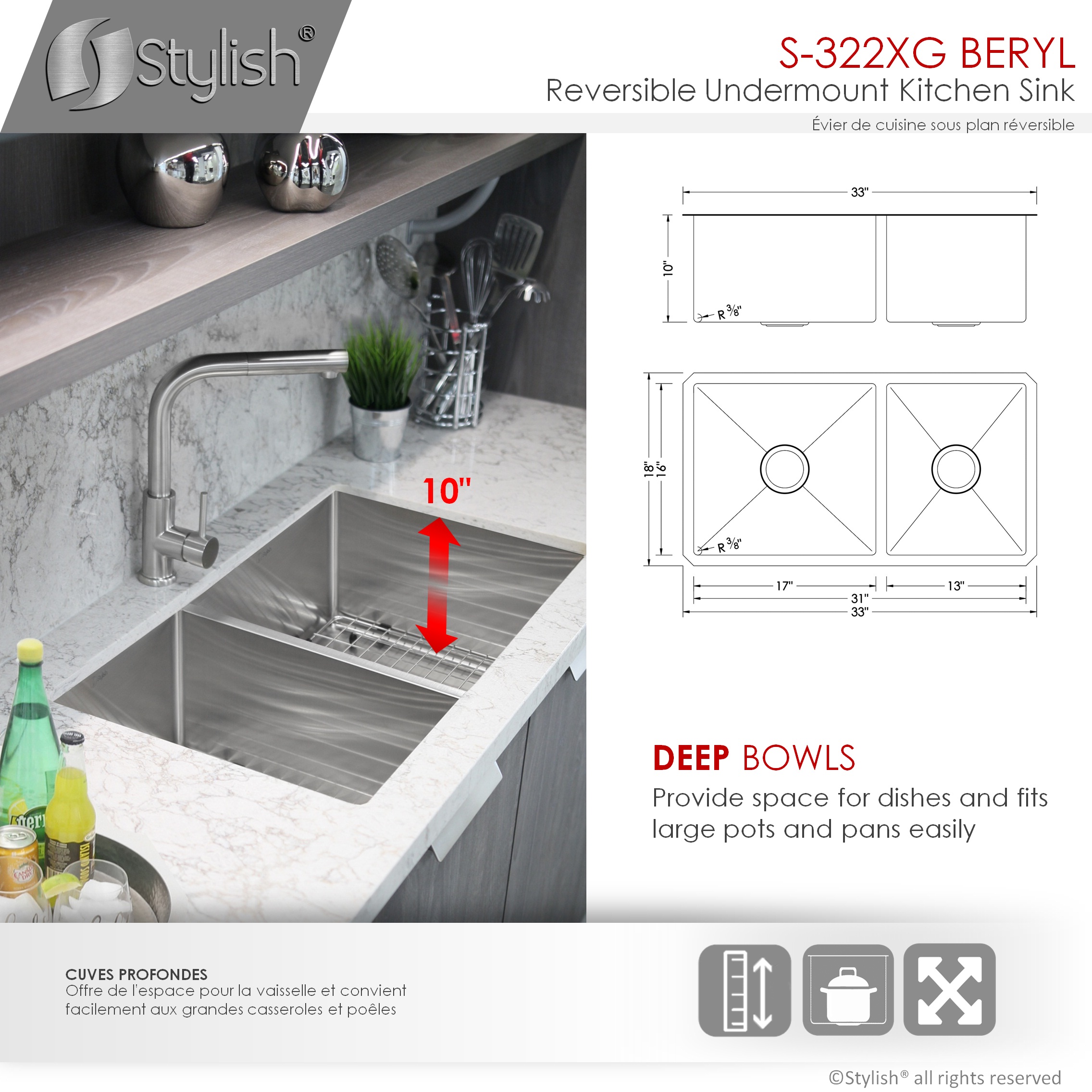 STYLISH 33 inch Double Bowl 60/40 Reversible Undermount  16G Stainless Steel Kitchen Sink