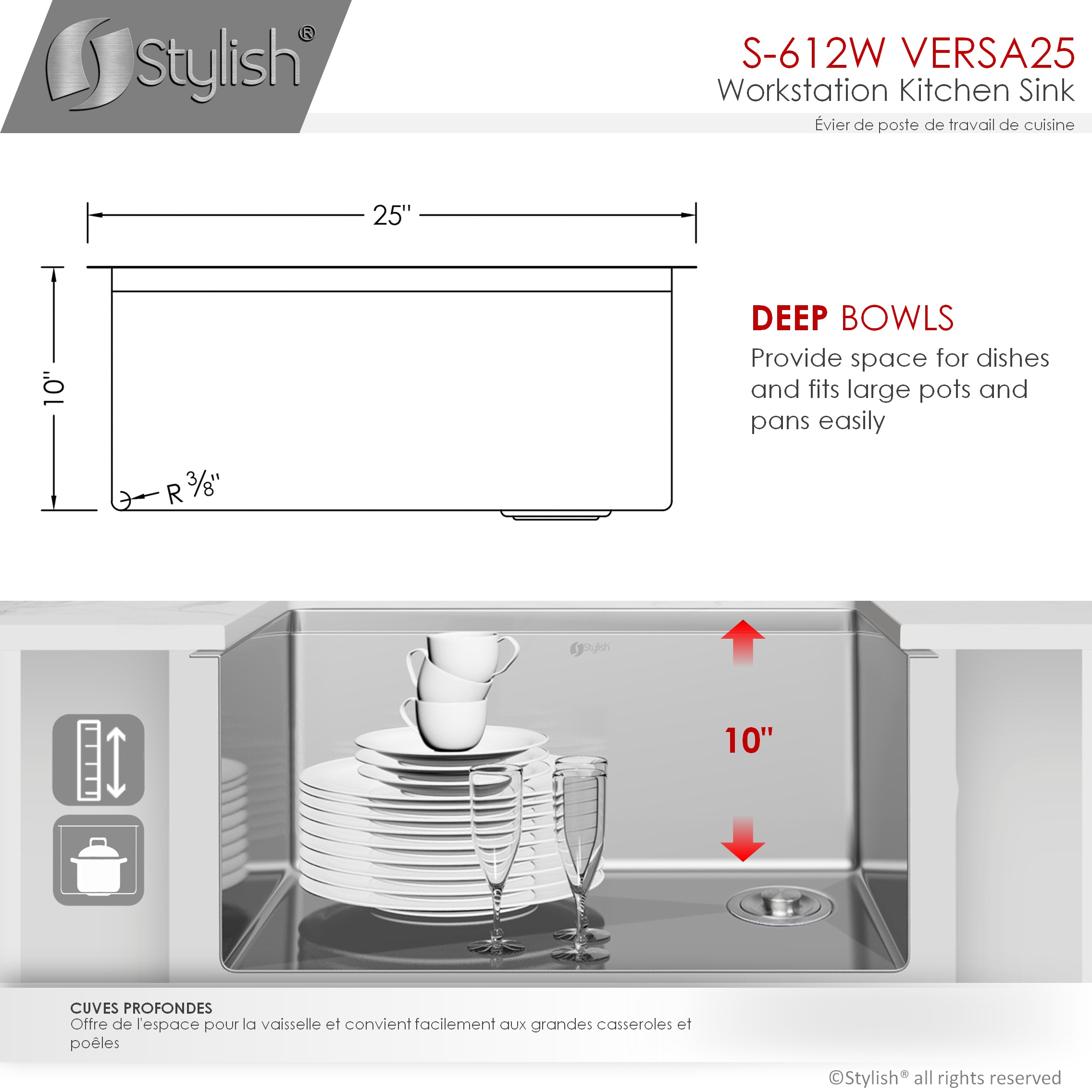 STYLISH 25 inch Workstation Single Bowl Undermount 16 Gauge Stainless Steel Kitchen Sink with Built in Accessories