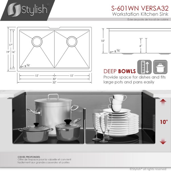 STYLISH 32 inch Workstation Double Bowl Undermount Kitchen Sink with Built in Accessories - Image 6