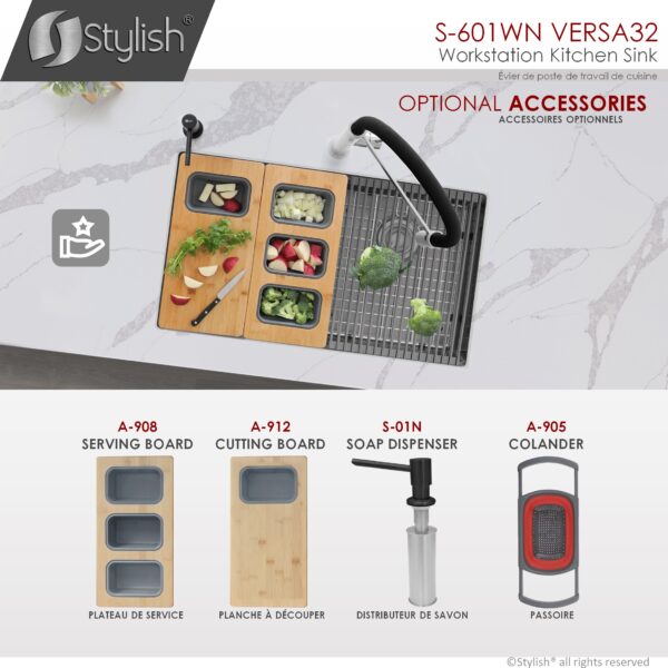 STYLISH 32 inch Workstation Double Bowl Undermount Kitchen Sink with Built in Accessories - Image 7