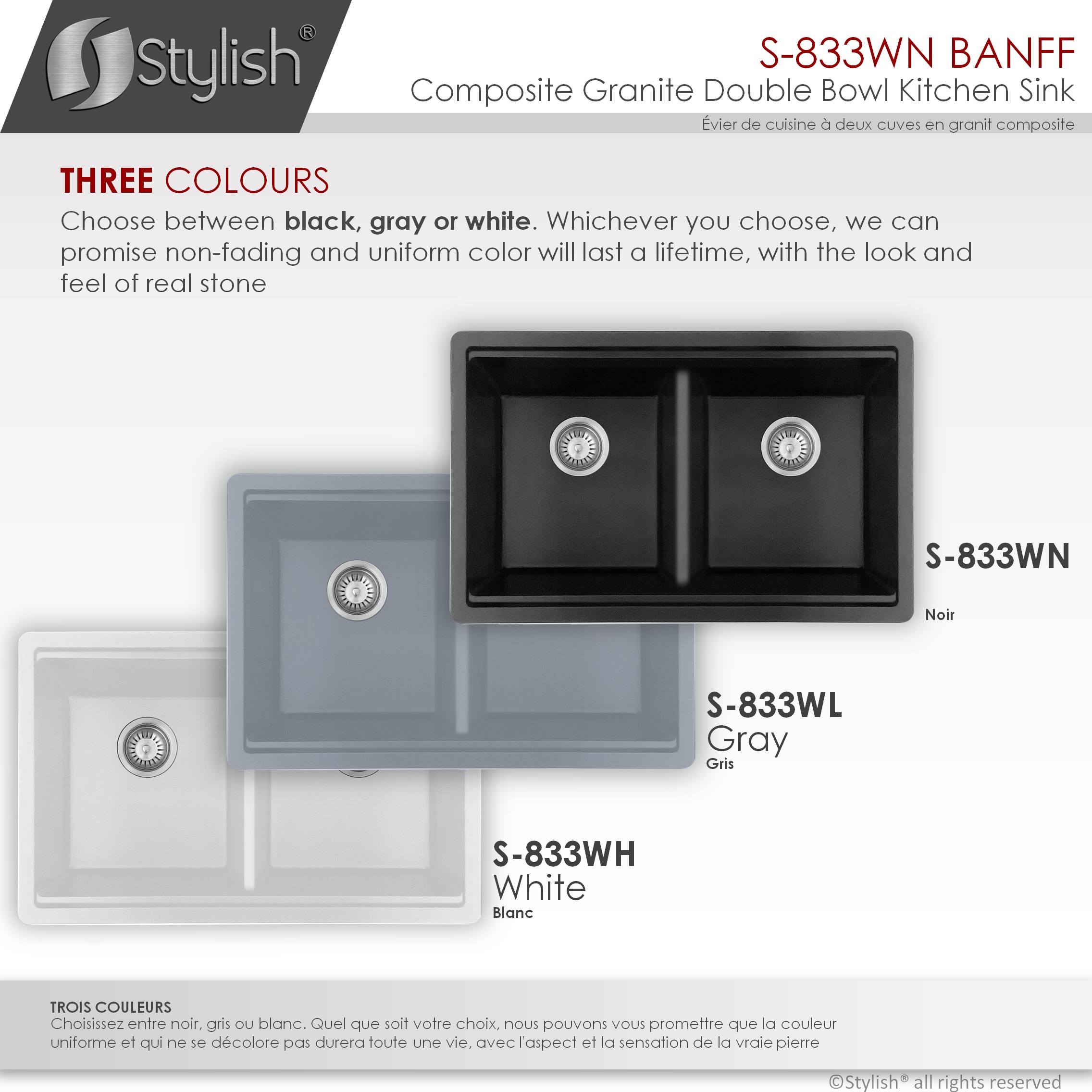 STYLISH 33 inch Dual Mount  Workstation Double Bowl Black Composite Granite Kitchen Sink